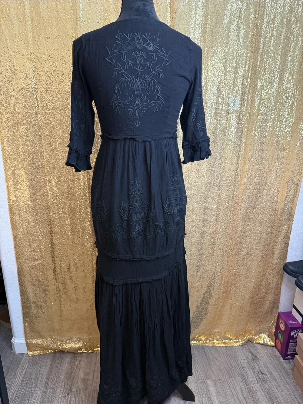 Black Embroidered Tiered Maxi Dress - Elegant Longline Style